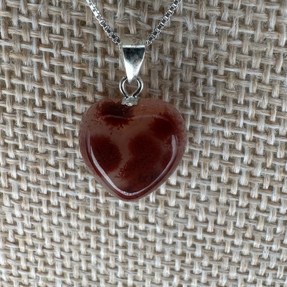 Heart-Shaped Cinnabar in Agate Pendant Necklace on Sterling Silver Bail & Chain - Picture 5 of 12